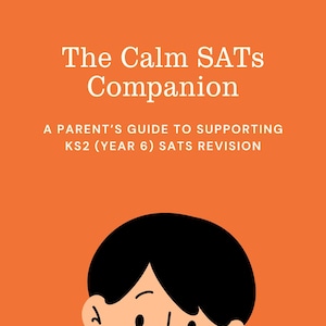 Op de afbeelding: Een oranje boekomslag met de titel "The Calm SATS Companion" in witte tekst. Onder de titel staat de tekst "A PARENT'S GUIDE TO SUPPORTING KS2 (YEAR 6) SATS REVISION". Onderaan staat een cartoonillustratie van een kind dat een boek leest.