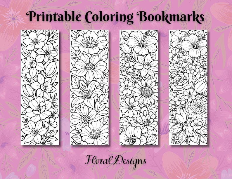 Flower Coloring Bookmarks, Printable Floral Bookmark Set, Relaxing ...