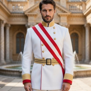 White Wool Hussar Jacket – Prussian Military Officer Coat with Gold Trim, Red Sash Tunic