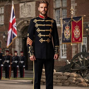 May include: A dark navy blue military-style tunic featuring a high red collar, gold braided cord detailing, and metallic buttons. The sleeves display gold chevron stripes and cuffs, paired with matching dark navy trousers with a gold side stripe.