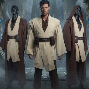 May include: A beige and brown tunic set featuring a wrap-style top, wide sleeves, and a dark brown utility belt with attached pouches. The outfit includes a long brown robe with a hood, worn over dark trousers, creating a layered ensemble.