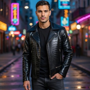 Men's Black Crocodile Embossed Biker Jacket – Slim Fit Designer Motorcycle Leather Coat