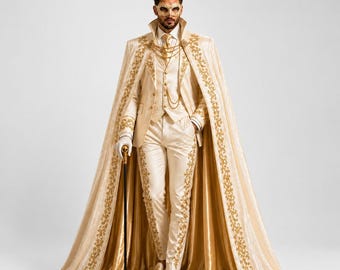Puede incluir: Un traje color crema compuesto por chaleco, pantalón y una capa larga, todo con intrincados bordados dorados. El conjunto incluye una máscara veneciana dorada, una cadena de oro, guantes blancos y un bastón con empuñadura en forma de calavera.