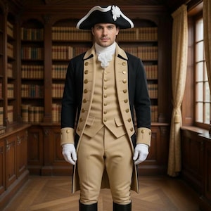 Op de afbeelding: Een historisch kostuum bestaande uit een zwarte lange jas met gouden knopen, een beige vest en een bijpassende broek. De outfit bevat een witte cravat, witte handschoenen en een zwarte driekante hoed met een witte kokarde.