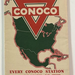 May include: Vintage travel brochure for Conoco Travel Bureau, featuring a map of the United States in green and red. The brochure promotes travel in Oklahoma with Conoco. Text includes "Travel Oklahoma with Conoco" and "Every Conoco Station is a Branch of the Conoco Travel Bureau."