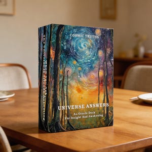 Pode incluir: Um baralho de oráculo intitulado "UNIVERSE ANSWERS" com o texto "COSMIC TRUTHS" na capa. A arte retrata um céu noturno estrelado com árvores. O baralho é para insight e despertar.