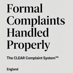 May include: A light grey background displays the text "Formal Complaints Handled Properly." Beneath this, it reads "The CLEAR Complaint System™" and "England."