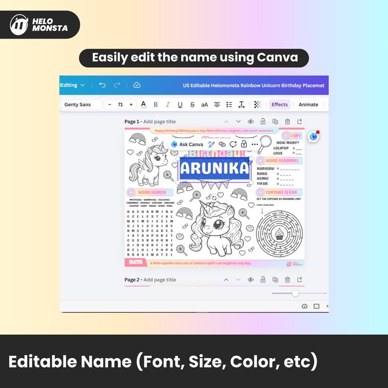 Editable Birthday Coloring Placemat Rainbow Unicorn | Printable Lolipop ...