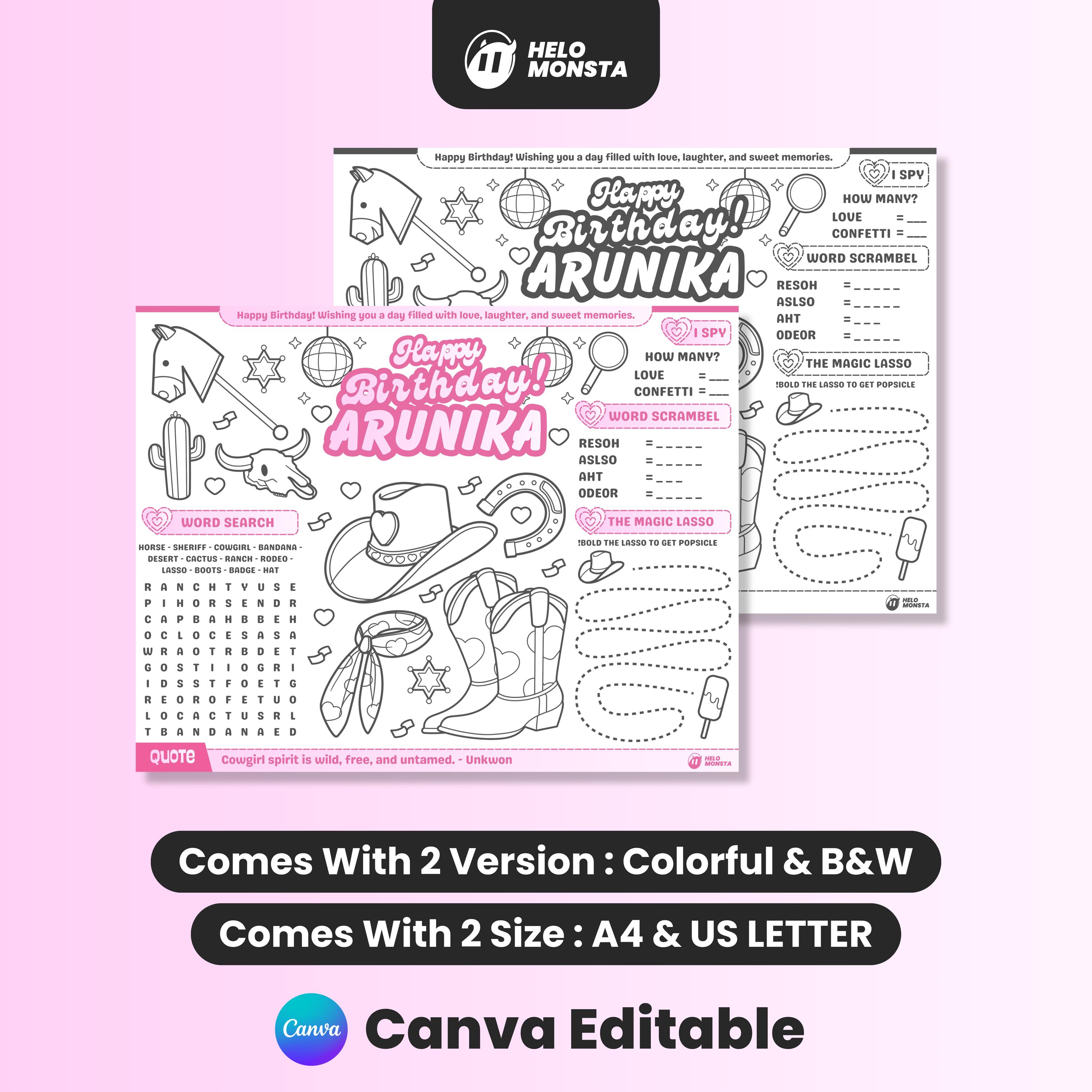 Editable Birthday Coloring Placemat Pink Cowgirl | Printable Wild West ...