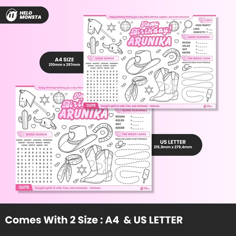 Editable Birthday Coloring Placemat Pink Cowgirl | Printable Wild West ...