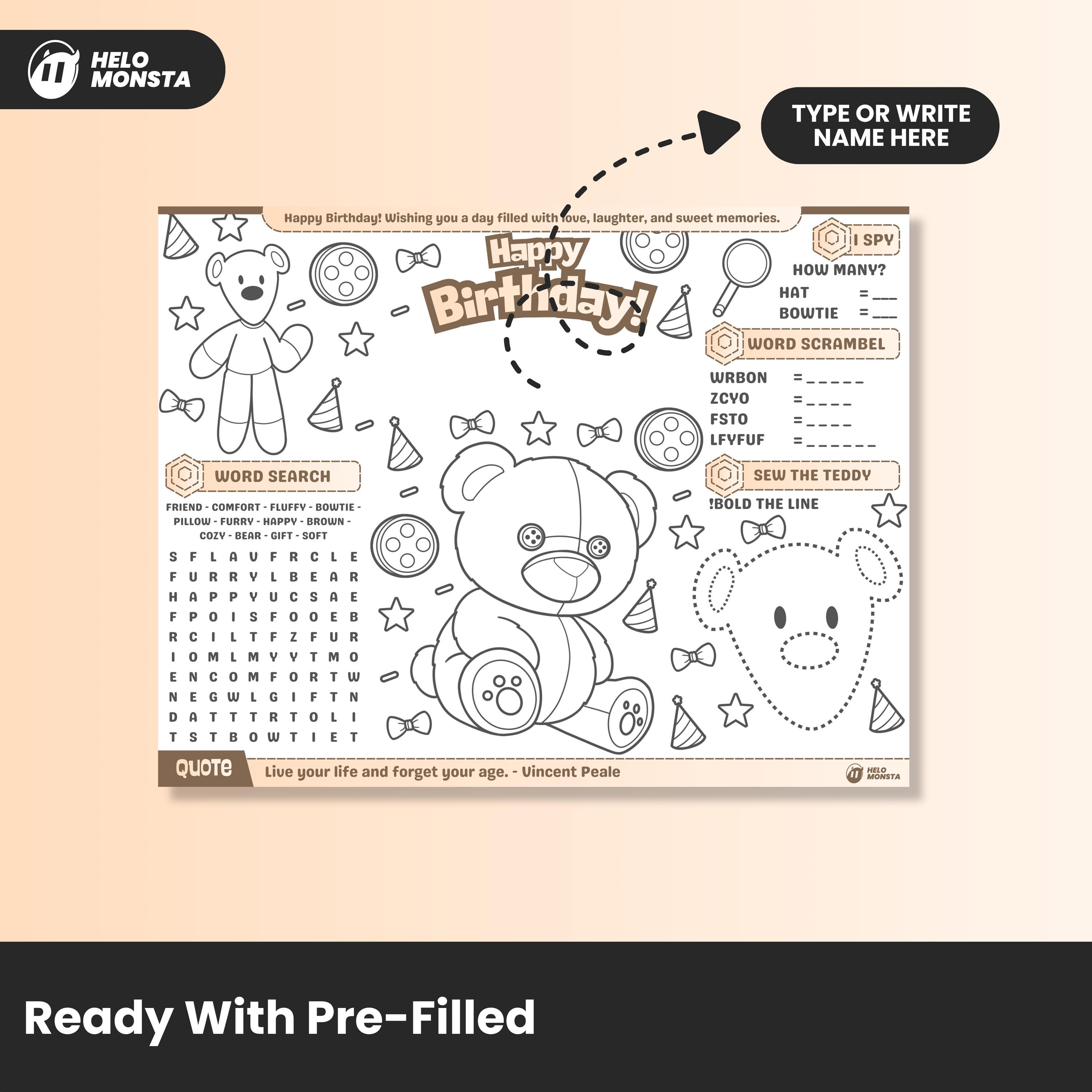 Editable Birthday Coloring Placemat Brown Teddy Bear | Printable Doll ...