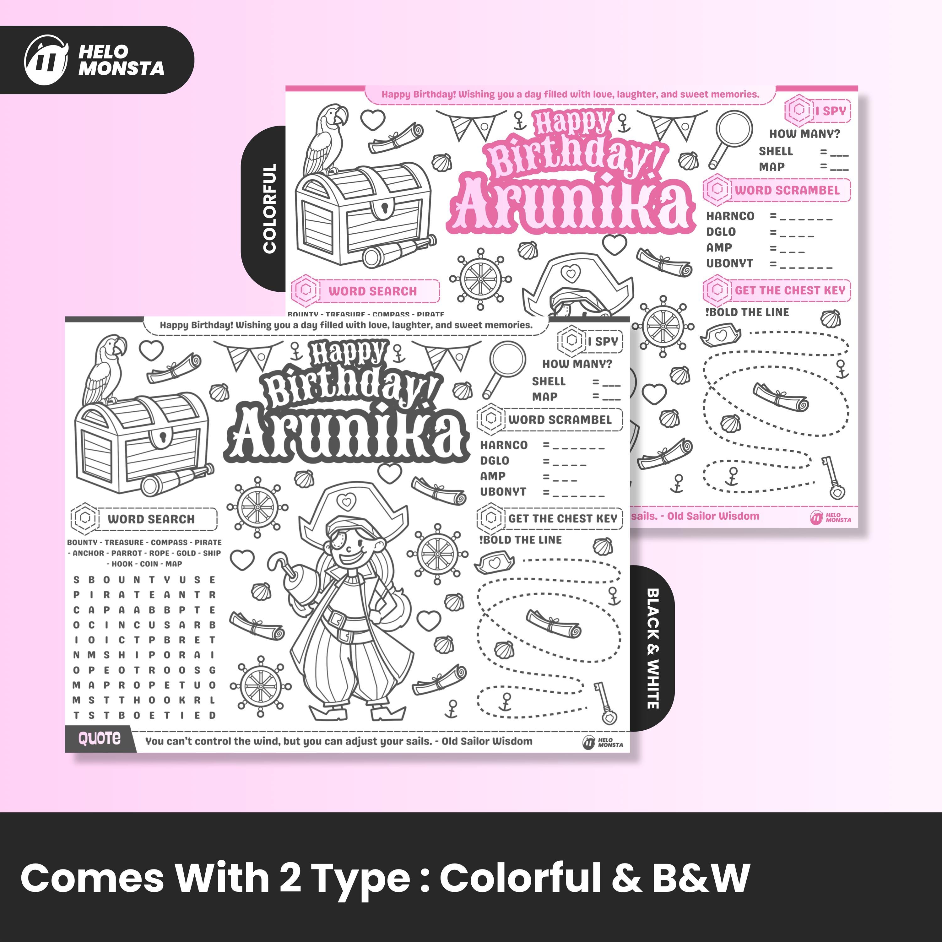 Editable Birthday Coloring Placemat Pink Pirate Girl | Printable Chest ...