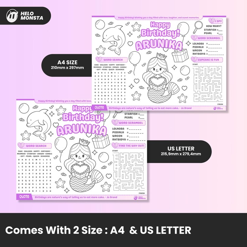 Editable Birthday Coloring Placemat Purple Mermaid | Printable Sea Page ...