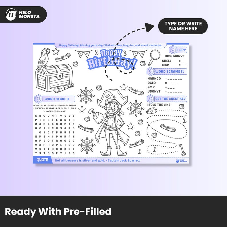 Editable Birthday Coloring Placemat Blue Pirate Boy | Printable Chest ...