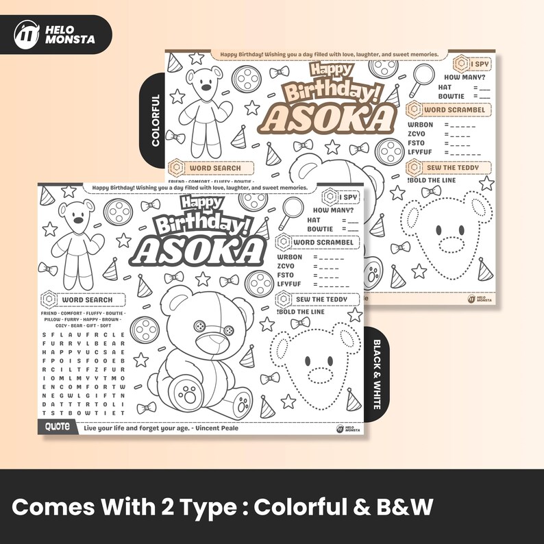 Editable Birthday Coloring Placemat Brown Teddy Bear | Printable Doll ...