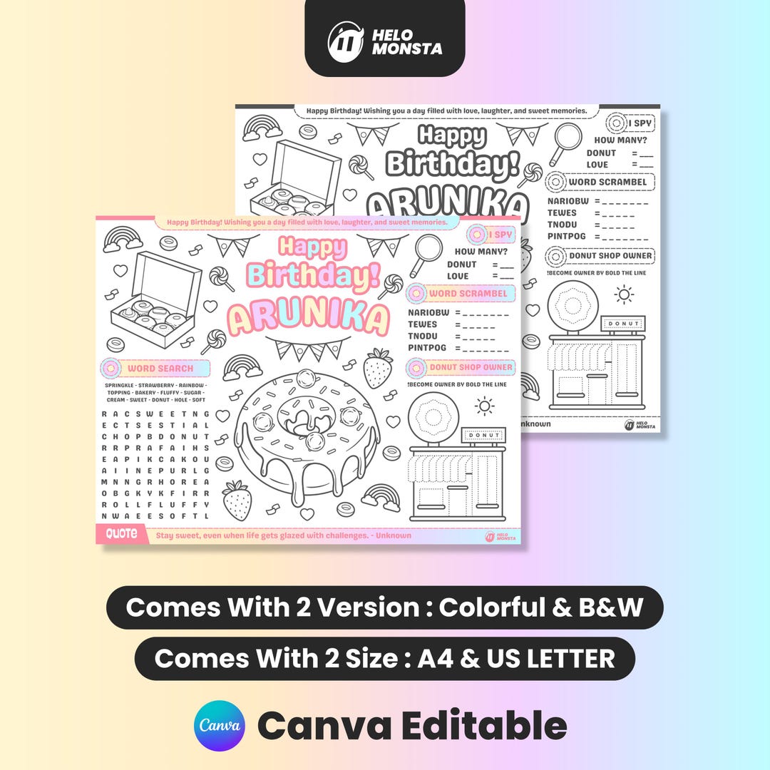Editable Birthday Coloring Placemat Rainbow Donut | Printable Lolipop ...