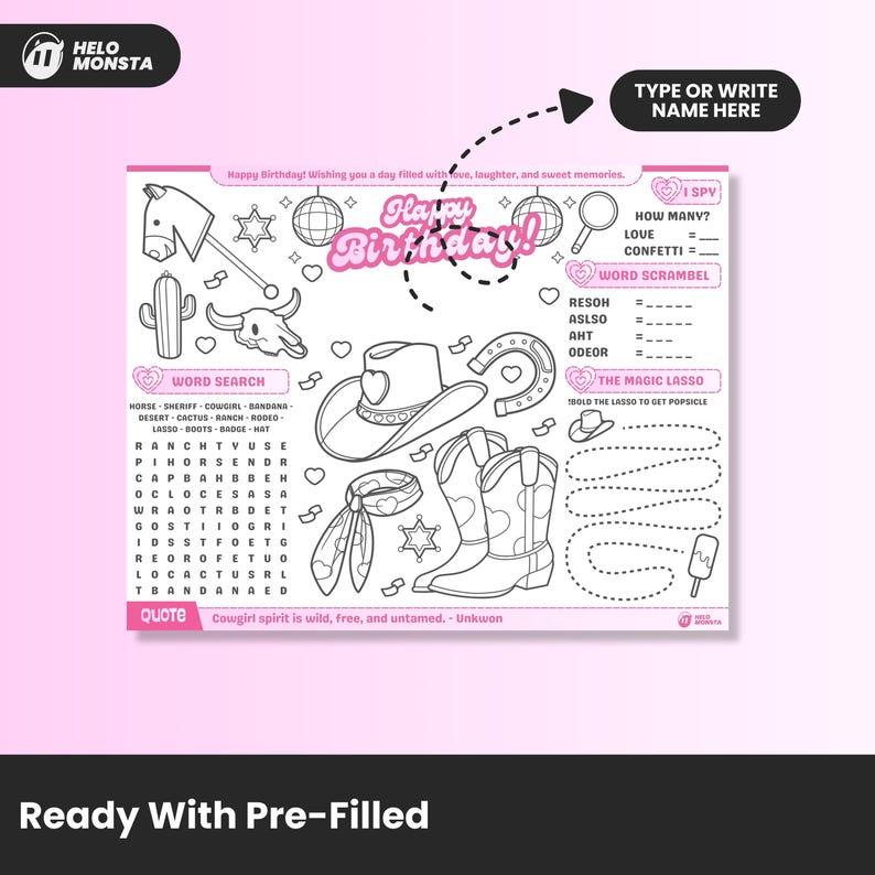 Editable Birthday Coloring Placemat Pink Cowgirl | Printable Wild West ...