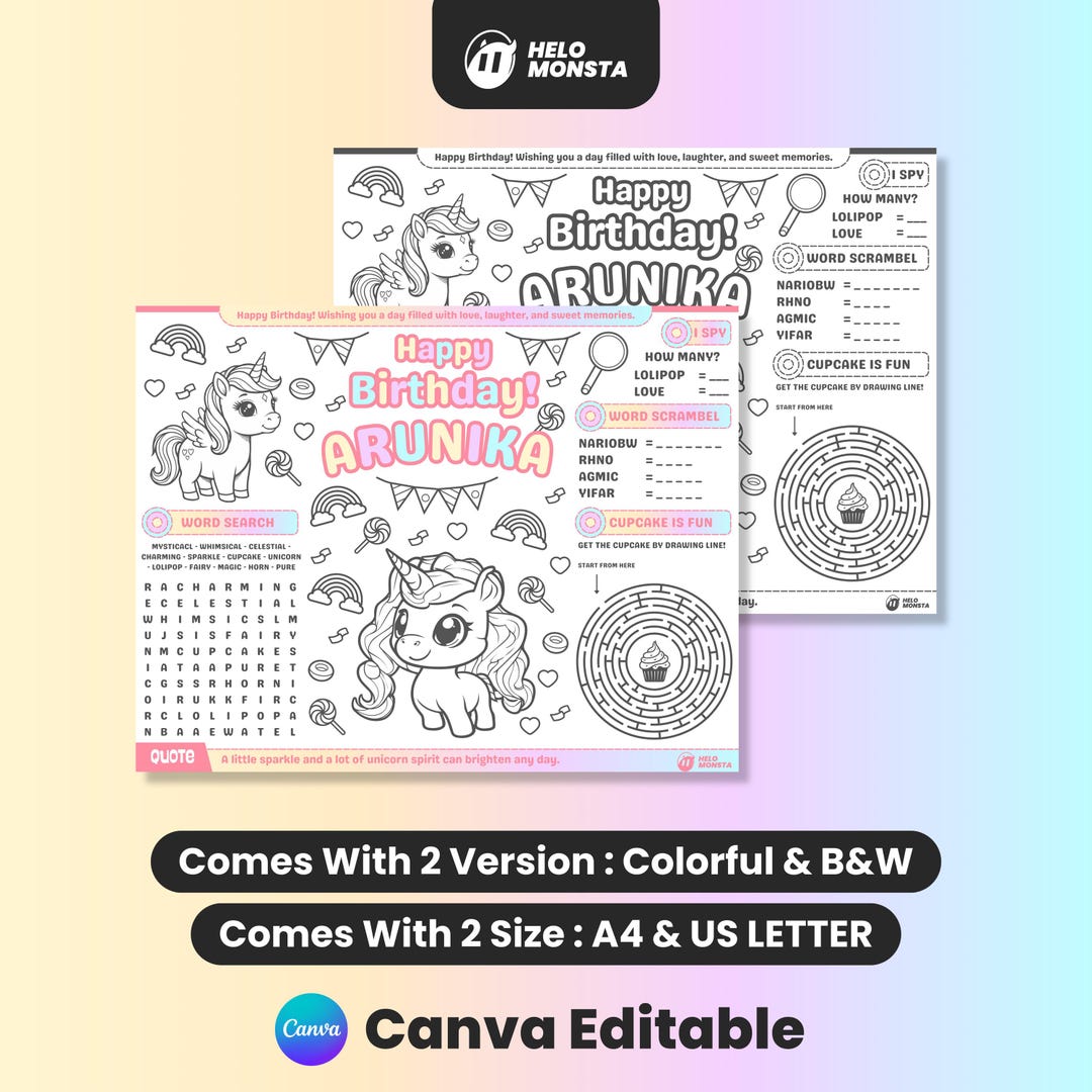 Editable Birthday Coloring Placemat Rainbow Unicorn | Printable Lolipop ...