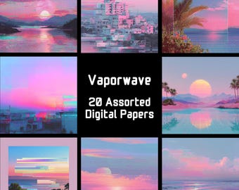 Paquet de papier numérique Vaporwave, PNG coucher de soleil rétro, papier de scrapbooking Dreamcore (20 fichiers)
