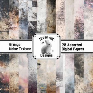 Puede incluir: Una colección de 20 papeles digitales variados con texturas de ruido grunge. Los papeles presentan una variedad de colores y patrones, incluyendo diseños desgastados, erosionados y abstractos. La imagen incluye el texto "Grunge Noise Texture" y "20 Assorted Digital Papers".