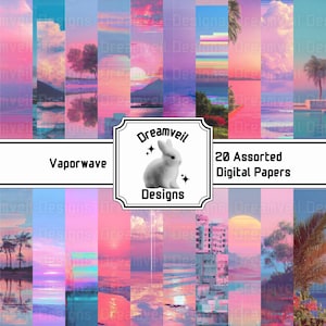 May include: A collection of 20 assorted digital papers with a vaporwave theme. The papers feature pastel color palettes with images of sunsets, palm trees, and water reflections. The Dreamveil Designs logo is also visible.