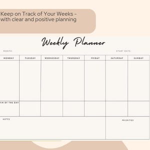 Peut inclure: Un planificateur hebdomadaire beige avec une mise en page simple. Le planificateur comprend des sections pour chaque jour de la semaine, un espace pour le mois, la date de début, le succès du jour, les notes et les priorités. Le texte "Keep on Track of Your Weeks - with clear and positive planning" est en haut.