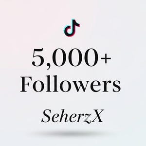 May include: Image with the TikTok logo and the text "5,000+ Followers" followed by the username "SeherzX" in a simple, elegant font. The background is a gradient of white and light pink.