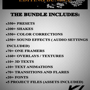 Puede incluir: Imagen de un paquete de edici&oacute;n con el texto "EDITING BUNDLE" en la parte superior. El texto "THE BUNDLE INCLUDES:" va seguido de una lista de funciones, incluyendo preajustes, efectos de vibraci&oacute;n, correcciones de color y efectos de sonido. El logotipo de KLESVISUALS est&aacute; en la parte inferior.
