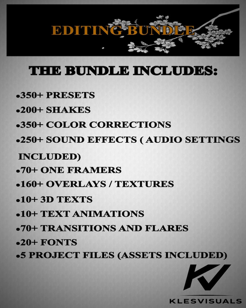Puede incluir: Imagen de un paquete de edici&oacute;n con el texto "EDITING BUNDLE" en la parte superior. El texto "THE BUNDLE INCLUDES:" va seguido de una lista de funciones, incluyendo preajustes, efectos de vibraci&oacute;n, correcciones de color y efectos de sonido. El logotipo de KLESVISUALS est&aacute; en la parte inferior.