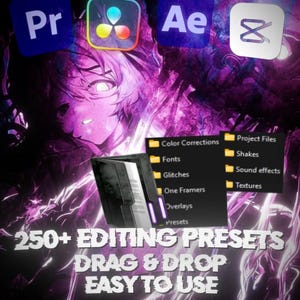 May include: A digital graphic featuring software icons for Pr, DaVinci Resolve, Ae, and CapCut over a purple anime-style background. It displays a folder list including Color Corrections, Fonts, Glitches, and Project Files, with the text 250+ EDITING PRESETS DRAG & DROP EASY TO USE and the KLESVISUALS logo.