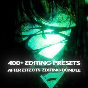 May include: A digital art image featuring a stylized anime-style face with glowing green eyes and accents. The text "400+ EDITING PRESETS" and "AFTER EFFECTS EDITING BUNDLE" is displayed in white, suggesting a digital product.