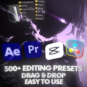 May include: A digital graphic featuring software icons for After Effects, Premiere Pro, CapCut, and DaVinci Resolve. It displays a list of file folders including 3D Background, Overlays, and Presets. Text reads 300+ EDITING PRESETS DRAG & DROP EASY TO USE.