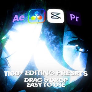 Puede incluir: Gr&aacute;fico digital con el texto "1100+ EDITING PRESETS, DRAG & DROP, EASY TO USE." La imagen presenta logotipos de software de edici&oacute;n: Ae, un icono colorido, CapCut y Pr, sobre un fondo abstracto azul y blanco.