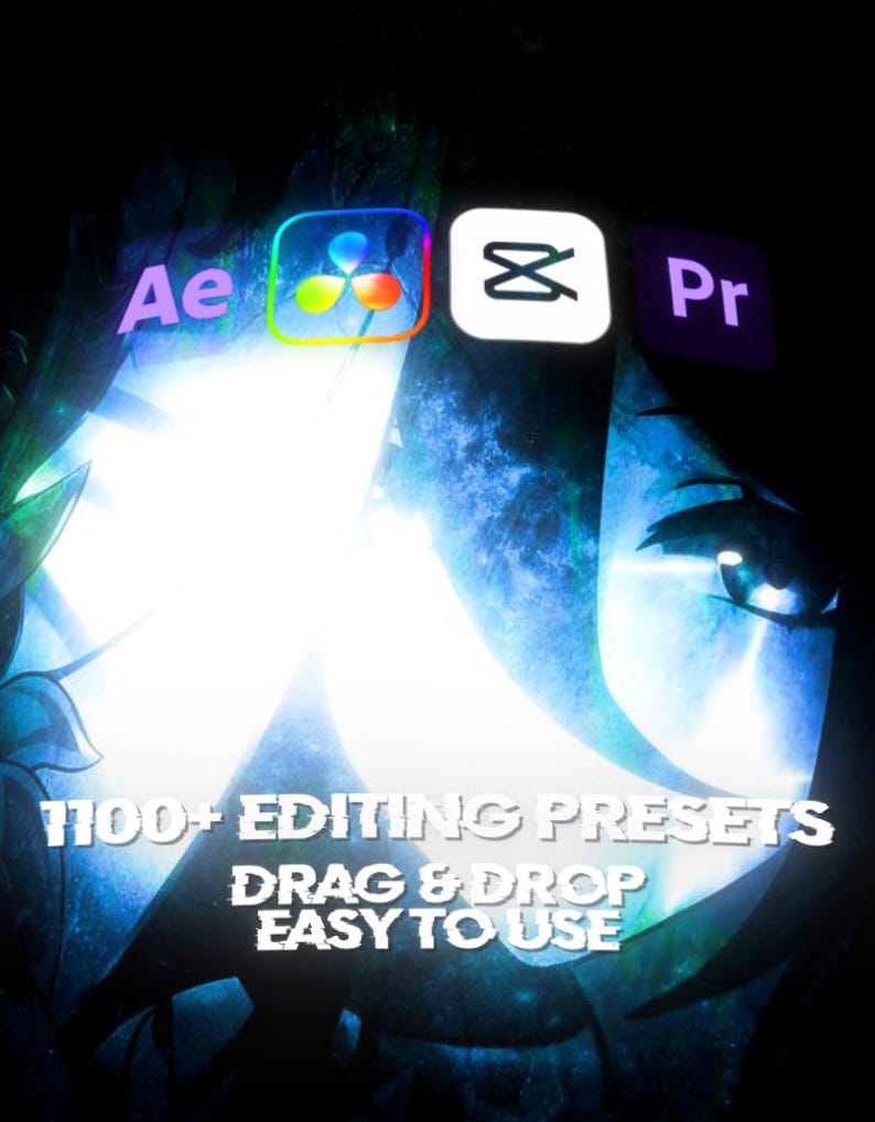 Puede incluir: Gr&aacute;fico digital con el texto "1100+ EDITING PRESETS, DRAG & DROP, EASY TO USE." La imagen presenta logotipos de software de edici&oacute;n: Ae, un icono colorido, CapCut y Pr, sobre un fondo abstracto azul y blanco.