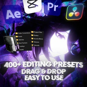 Op de afbeelding: Een digitale afbeelding met softwarepictogrammen voor After Effects, CapCut, Premiere Pro en DaVinci Resolve. Het toont een lijst met mappen, waaronder Color Corrections, Fonts, Glitches, Overlays, Presets, Project Files, Shakes en Textures. De tekst luidt 400+ EDITING PRESETS DRAG & DROP EASY TO USE en KLESVISUALS.