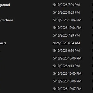 May include: A dark background shows a list of file folders. The folders are labelled with terms such as "3D Background," "Fonts," and "Presets." Each folder has a corresponding date and time, and the label "File folder."