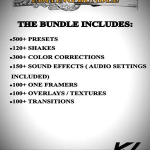 May include: An image advertising an editing bundle. The text "EDITING BUNDLE" is at the top, with a list of included items: 500+ presets, 120+ shakes, 300+ colour corrections, 150+ sound effects, 100+ framers, overlays, textures, and transitions.