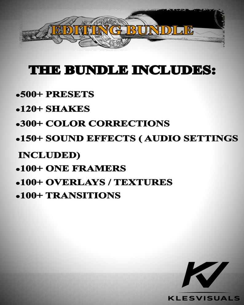 May include: An image advertising an editing bundle. The text "EDITING BUNDLE" is at the top, with a list of included items: 500+ presets, 120+ shakes, 300+ colour corrections, 150+ sound effects, 100+ framers, overlays, textures, and transitions.