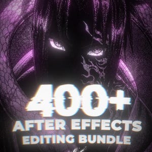 Op de afbeelding: Een digitale afbeelding met een gestileerd personage met gloeiende paarse ogen en markeringen, met de witte tekst 400+ AFTER EFFECTS EDITING BUNDLE en een klein KLES-logo onderaan, tegen een donkere, getextureerde achtergrond.