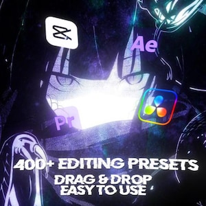 May include: A digital graphic featuring a dark, stylized anime character with glowing eyes, overlaid with software icons for CapCut, After Effects, Premiere Pro, and DaVinci Resolve. Text reads: 400+ EDITING PRESETS, DRAG & DROP, EASY TO USE.