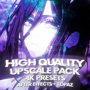 Könnte beinhalten: Digitales Kunstwerk einer Frau mit langen, dunklen Haaren und auffälligen Augen, in Lila- und Türkistönen. Text-Overlay: "HIGH QUALITY UPSCALE PACK 4K PRESETS AFTER EFFECTS + TOPAZ."