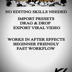 Puede incluir: Gr&aacute;fico con el texto "HOW IT WORKS" en la parte superior, seguido de instrucciones: "NO EDITING SKILLS NEEDED, IMPORT PRESETS, DRAG & DROP, EXPORT VIRAL VIDEO, WORKS IN AFTER EFFECTS, BEGINNER FRIENDLY, FAST WORKFLOW." El logotipo "KV" est&aacute; en la parte inferior.