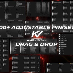 Puede incluir: Una presentaci&oacute;n de producto digital con un tema oscuro, con el texto "1100+ ADJUSTABLE PRESETS" y "DRAG & DROP". La imagen muestra varias carpetas de archivos y un logotipo. El dise&ntilde;o general es moderno y profesional, adecuado para creadores de contenido digital.