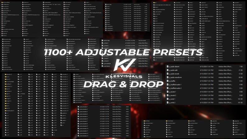 Puede incluir: Una presentaci&oacute;n de producto digital con un tema oscuro, con el texto "1100+ ADJUSTABLE PRESETS" y "DRAG & DROP". La imagen muestra varias carpetas de archivos y un logotipo. El dise&ntilde;o general es moderno y profesional, adecuado para creadores de contenido digital.