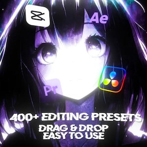 Puede incluir: Ilustración digital de un personaje de estilo anime, con tonos morados y blancos. La imagen incluye logotipos de aplicaciones de edición de vídeo y el texto: "400+ EDITING PRESETS, DRAG & DROP, EASY TO USE."