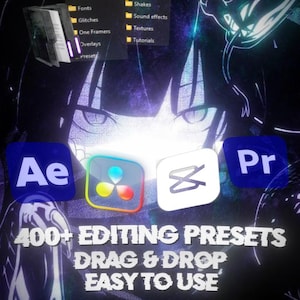 May include: A digital product bundle featuring 400+ editing presets for software including Adobe After Effects, DaVinci Resolve, CapCut, and Adobe Premiere Pro. The graphic displays folder icons, software logos, and the text 400+ EDITING PRESETS DRAG & DROP EASY TO USE.