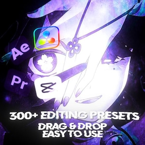 May include: Digital art featuring a stylized anime character with purple and white tones. The image includes the text "300+ EDITING PRESETS, DRAG & DROP, EASY TO USE" and app icons for video editing software.