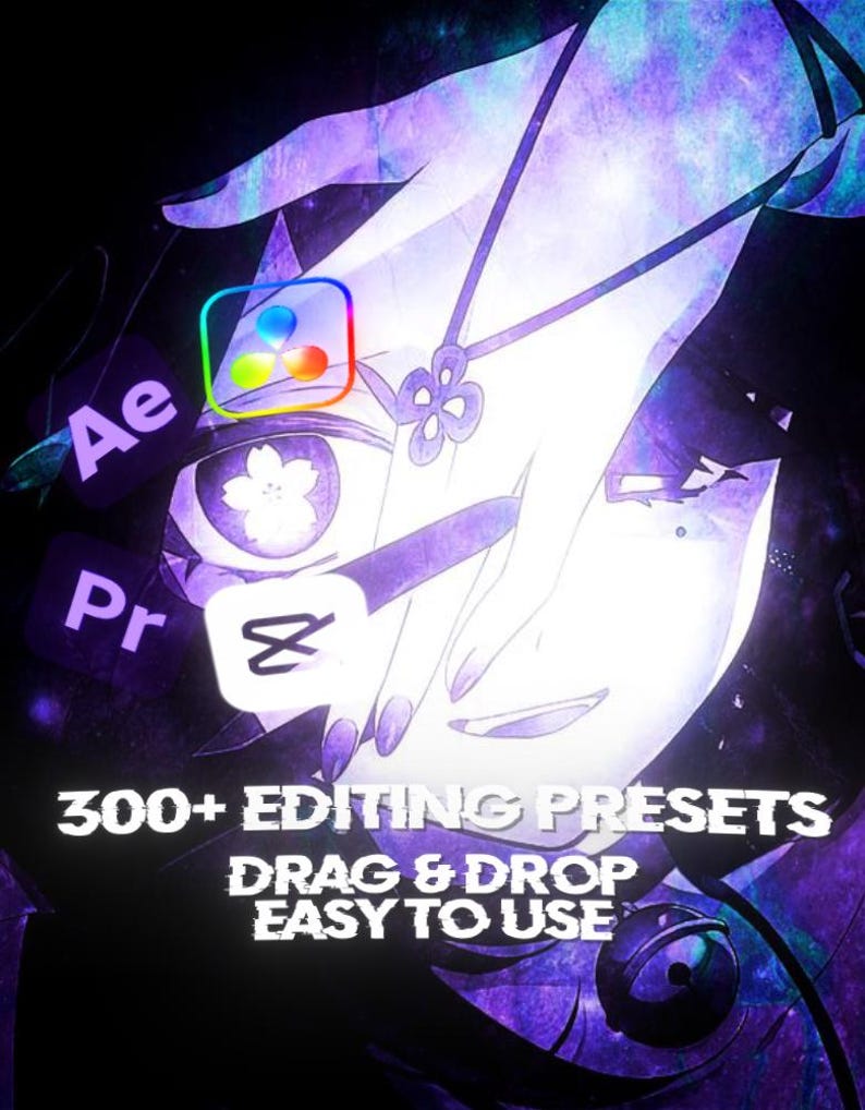 May include: Digital art featuring a stylized anime character with purple and white tones. The image includes the text "300+ EDITING PRESETS, DRAG & DROP, EASY TO USE" and app icons for video editing software.