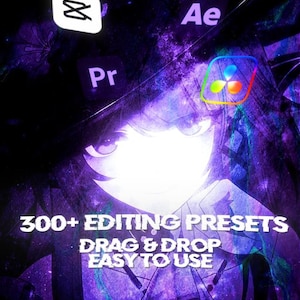 Puede incluir: Un gráfico digital con un fondo de galaxia en morado y negro y la silueta de un personaje estilo anime. El texto dice 300+ EDITING PRESETS DRAG & DROP EASY TO USE, junto a iconos de CapCut, Adobe After Effects, Premiere y DaVinci Resolve.