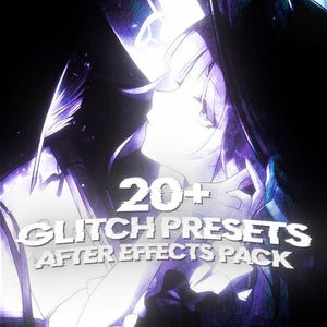 Puede incluir: Imagen de arte digital con una combinación de colores púrpura oscuro y negro. La imagen presenta una ilustración estilizada de una persona con el texto "20+ GLITCH PRESETS AFTER EFFECTS PACK". Una pluma es visible en el lado izquierdo.